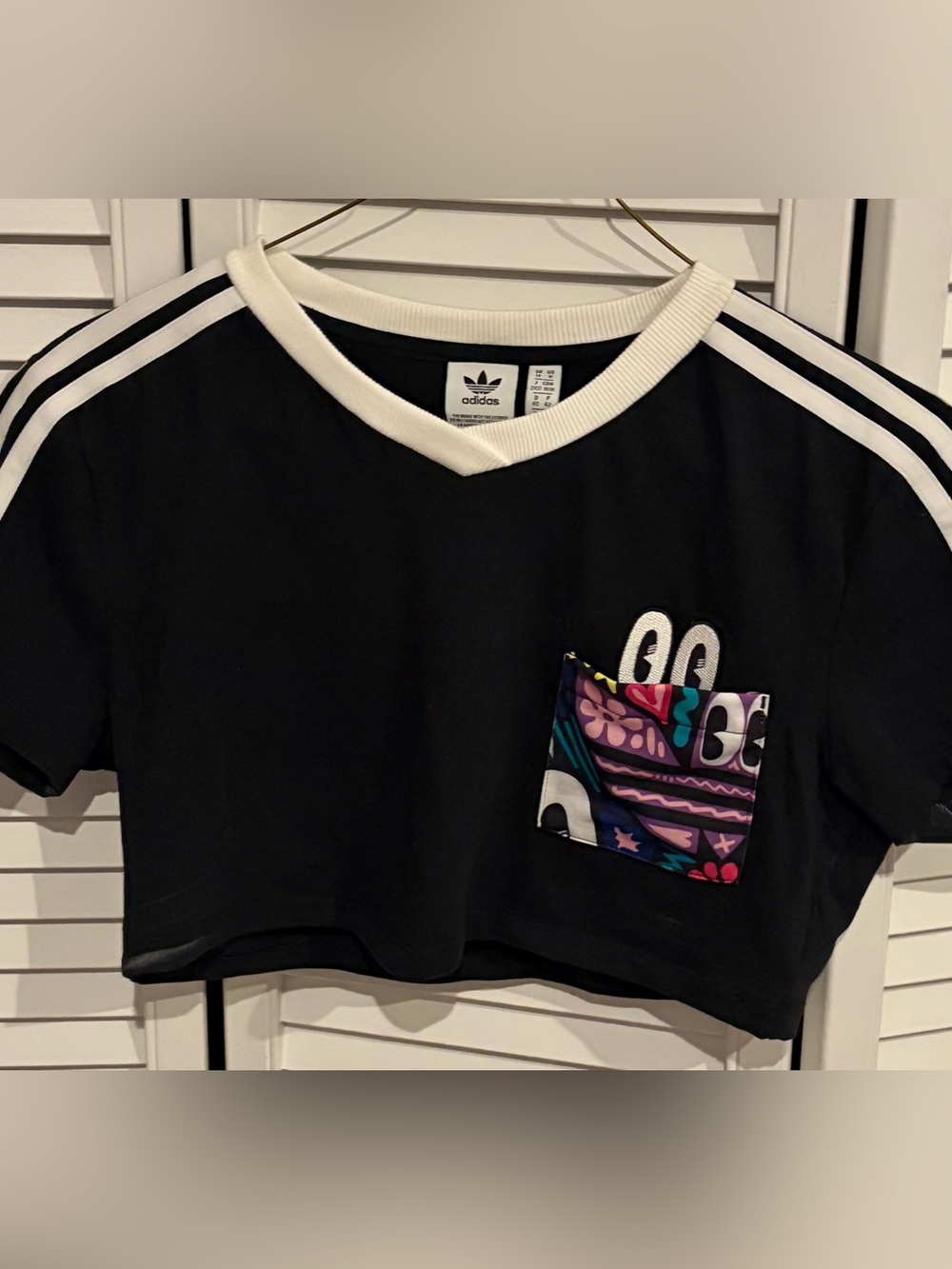 Adidas Black Cropped Tee w/ Colorful Patterned Pocket w/ Peeking Eyes - Medium